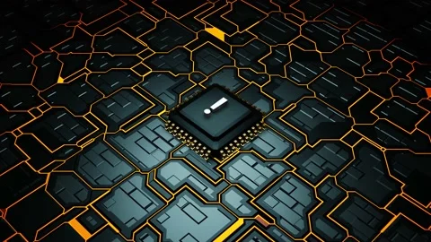 3D electronic circuit board with Exclamation text placing on microprocessor Video stock 234077419