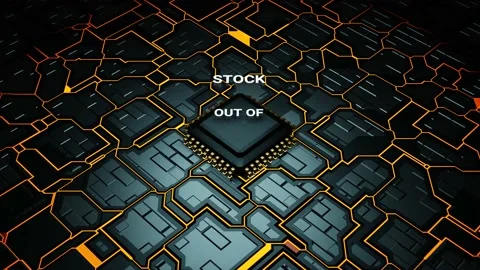 3D electronic circuit board with out of stock text placing on microprocessor Stock Footage 231801524