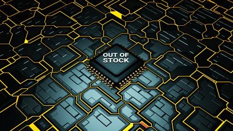 3D electronic circuit board with Out of Stock text placed on microprocessor Illustrazione stock
