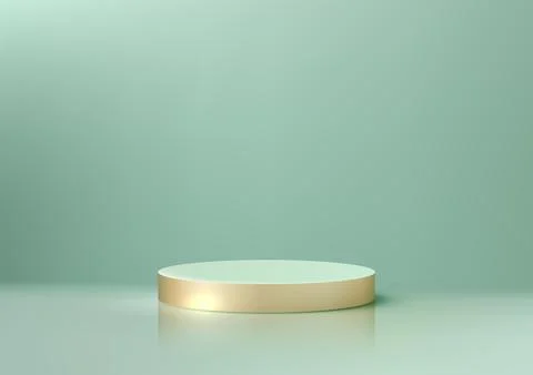 3D Elegant Circular White Podium with Gold Base on Light Green Background, .. Illustrazione stock