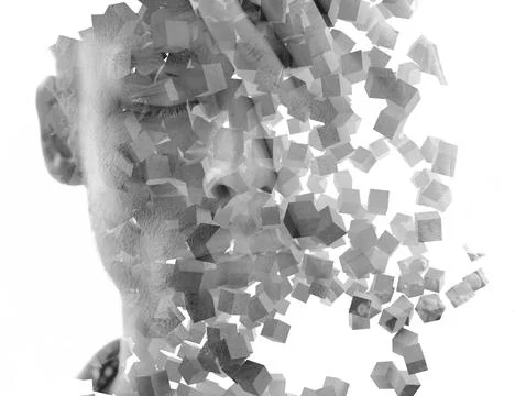 3D element merged with a portrait in a double exposure technique. Foto stock