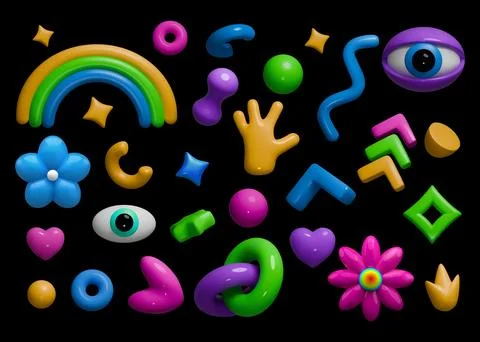 3d elements. Eye and hand, flower rainbow and psychedelic modern doodles Stock Illustration