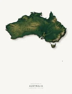 3D elevation map of Australia, shaded relief terrain model from Copernicus DE Stock Illustration