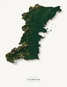 3D elevation map of Chumphon Province, Thailand, shaded relief terrain model Stock Illustration