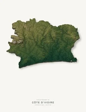 3D elevation map of Cote d Ivoire, shaded relief terrain model from Copernicu Stock Illustration
