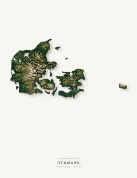3D elevation map of Denmark, shaded relief terrain model from Copernicus DEM Stock Illustration