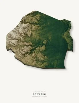 3D elevation map of eSwatini, shaded relief terrain model from Copernicus DEM Ilustración de archivo
