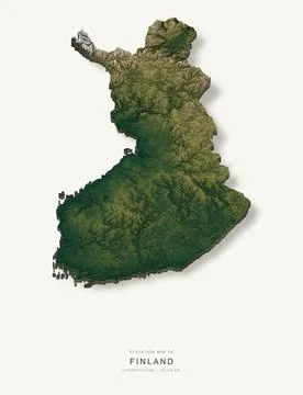 3D elevation map of Finland, shaded relief terrain model from Copernicus DEM Ilustración de archivo