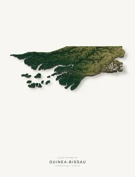 3D elevation map of Guinea-Bissau, shaded relief terrain model from Copernicu Stock Illustration