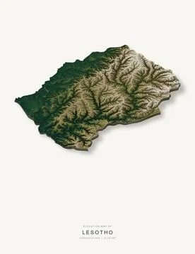 3D elevation map of Lesotho, shaded relief terrain model from Copernicus DEM Stock Illustration