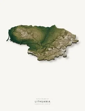 3D elevation map of Lithuania, shaded relief terrain model from Copernicus DE Stock Illustration
