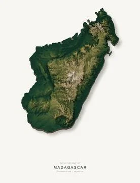 3D elevation map of Madagascar, shaded relief terrain model from Copernicus D Ilustración de archivo