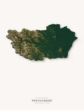 3D elevation map of Phetchaburi Province, Thailand, shaded relief terrain mod Stock Illustration