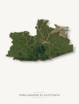 3D elevation map of Phra Nakhon Si Ayutthaya Province, Thailand, shaded relie Stock Illustration