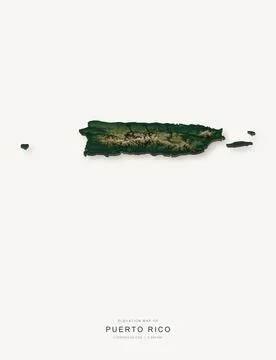 3D elevation map of Puerto Rico, shaded relief terrain model from Copernicus Stock Illustration