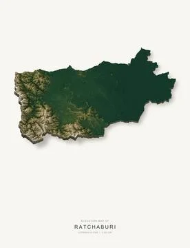 3D elevation map of Ratchaburi Province, Thailand, shaded relief terrain mode Stock Illustration