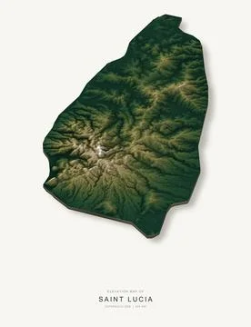 3D elevation map of Saint Lucia, shaded relief terrain model from Copernicus Ilustração Stock