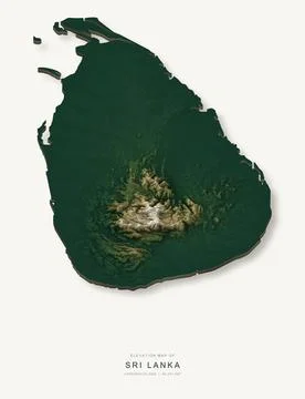 3D elevation map of Sri Lanka, shaded relief terrain model from Copernicus DE Stock Illustration