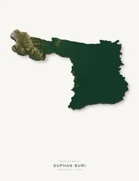 3D elevation map of Suphan Buri Province, Thailand, shaded relief terrain mod Stock Illustration