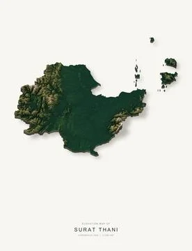 3D elevation map of Surat Thani Province, Thailand, shaded relief terrain mod Stock Illustration