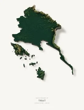 3D elevation map of Trat Province, Thailand, shaded relief terrain model from Stock Illustration