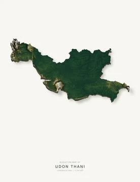3D elevation map of Udon Thani Province, Thailand, shaded relief terrain mode Stock Illustration