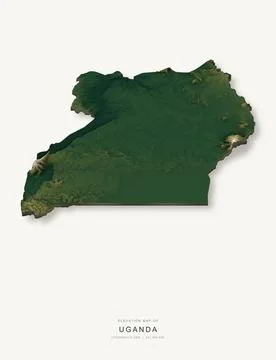 3D elevation map of Uganda, shaded relief terrain model from Copernicus DEM d Stock Illustration