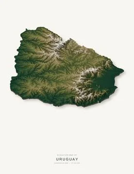 3D elevation map of Uruguay, shaded relief terrain model from Copernicus DEM Stock Illustration