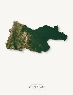 3D elevation map of Uthai Thani Province, Thailand, shaded relief terrain mod Ilustração Stock