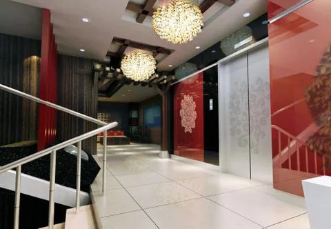 3d elevator lobby rendering Stock Illustration