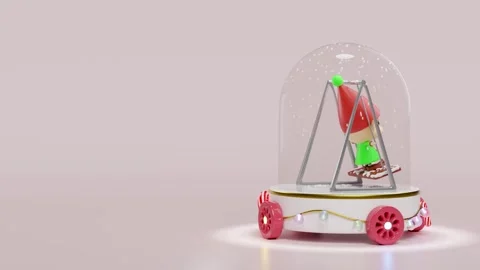 3d Elf sitting swing in snow globe with decorated podium on wheels isolated.. Stock Footage 295643260