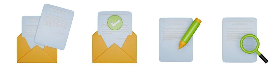 3D email icon set, mail open envelope digital document render Illustrazione stock