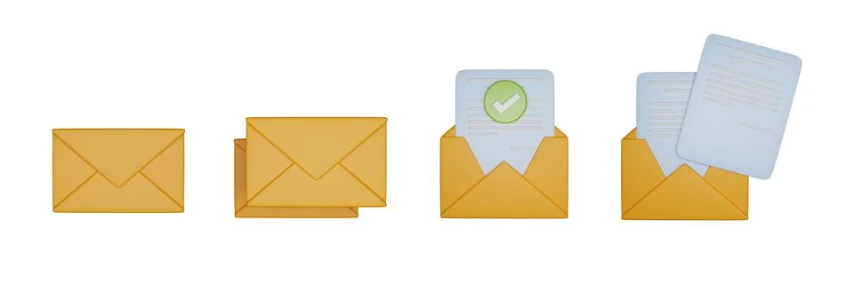 3D email icon set, mail open closed envelope digital document render Illustrazione stock