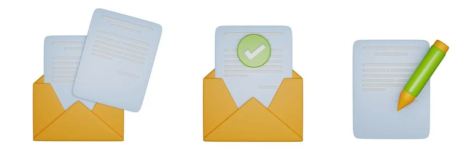 3D email icon set, render mail open envelope digital document Illustrazione stock