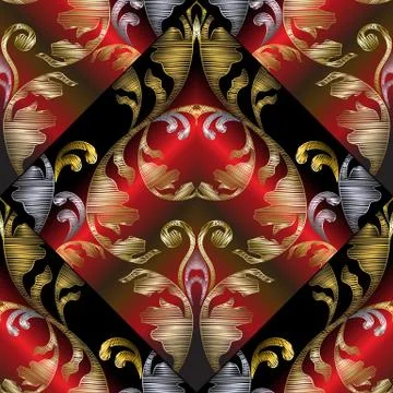 3d embroidery Baroque seamless pattern. Vector black red gold ab Stockillustratie