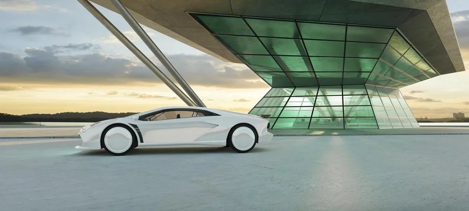 3D Empty cement floor with modern building exterior and brandless electric .. Illustrazione stock