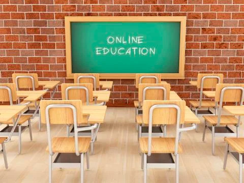 3d Empty classroom and chalkboard with online education Stock Illustration