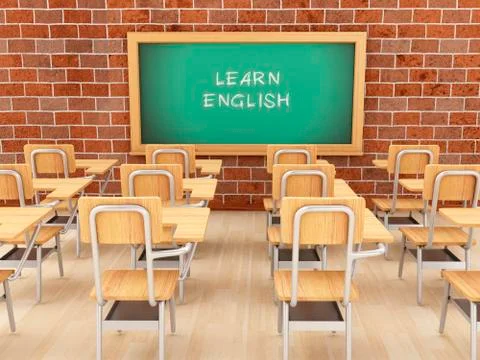 3d Empty classroom and chalkboard with learn English. Illustrazione stock