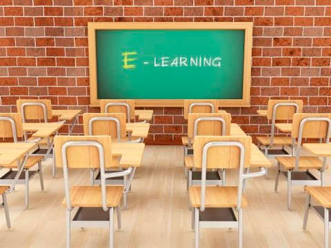 3d Empty classroom and chalkboard with E-learning. Illustrazione stock