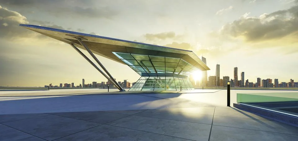 3D empty concrete floor with polygon shape design modern building exterior Ilustración de archivo