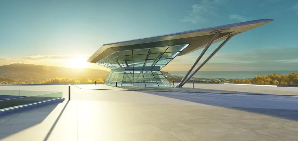 3D empty concrete floor with polygon shape design modern building exterior Ilustración de archivo