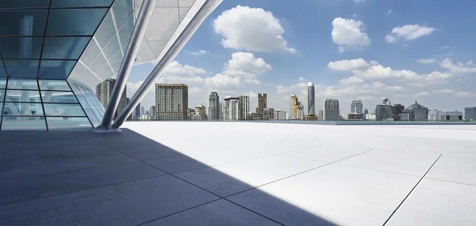 3D empty concrete floor with polygon shape design modern building exterior 库存插图