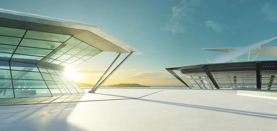 3D empty concrete floor with polygon shape design modern building exterior Ilustración de archivo