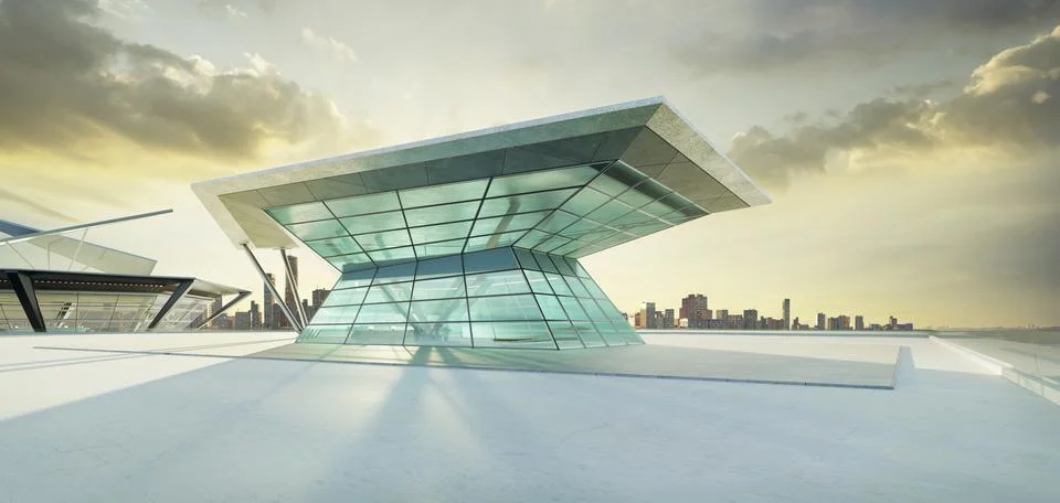 3D empty concrete floor with polygon shape design modern building exterior Ilustración de archivo