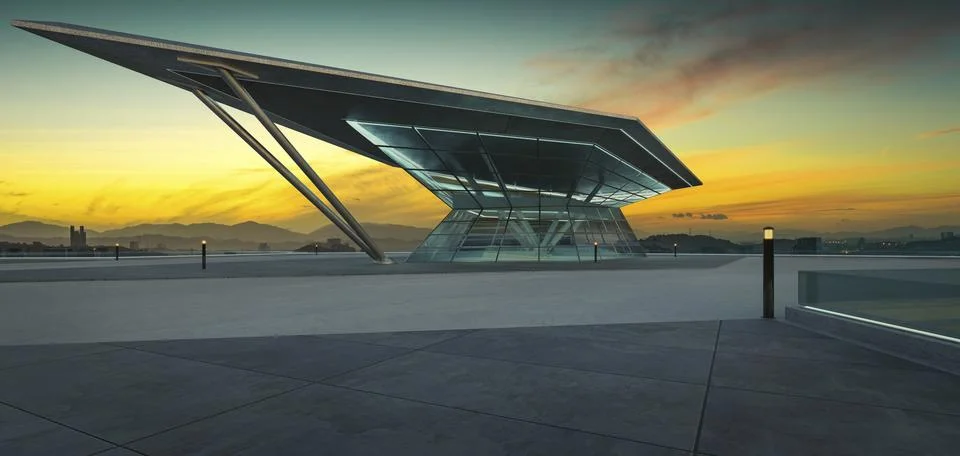 3D empty concrete floor with polygon shape design modern building exterior Ilustración de archivo