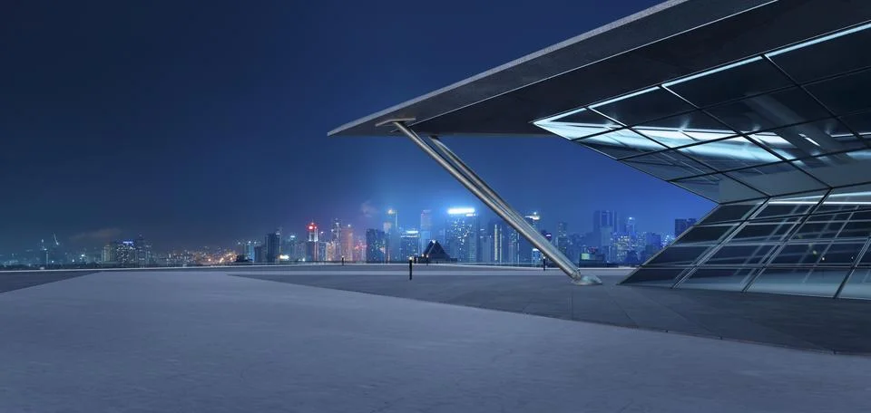 3D empty concrete floor with polygon shape design modern building exterior Ilustración de archivo