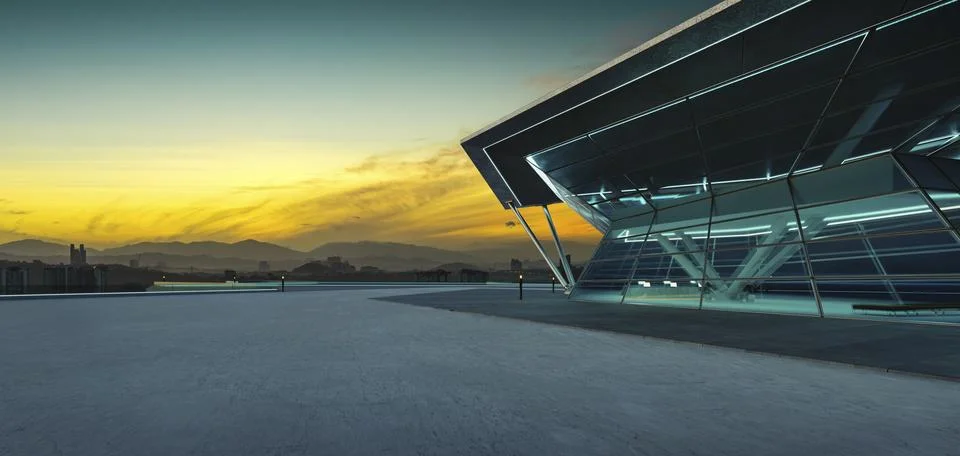3D empty concrete floor with polygon shape design modern building exterior Ilustración de archivo