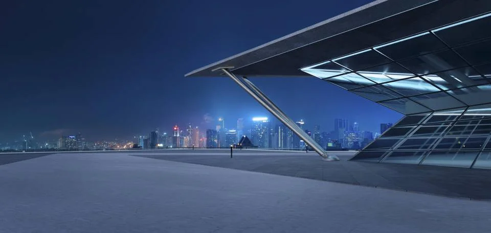 3D empty concrete floor with polygon shape design modern building exterior... Fotos de archivo