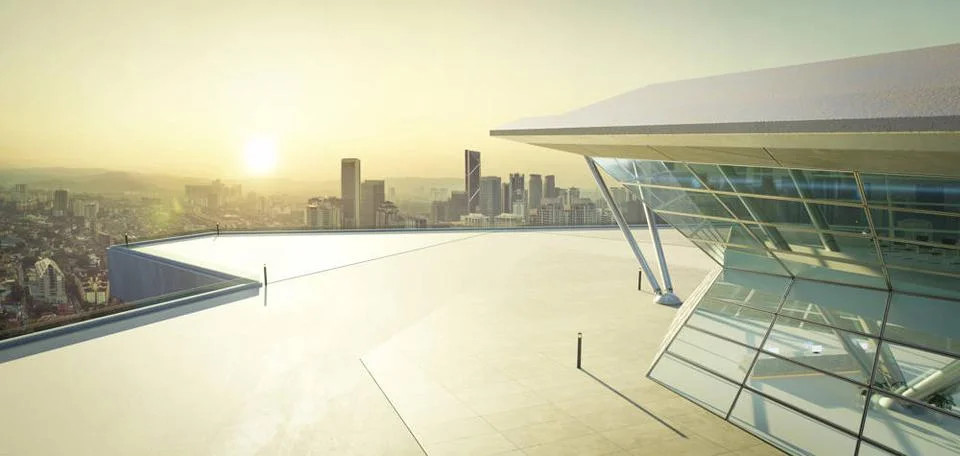 3D empty concrete floor with polygon shape design modern building exterior... Fotos de archivo