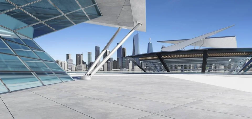 3D empty concrete floor with polygon shape design modern building exterior... Foto stock